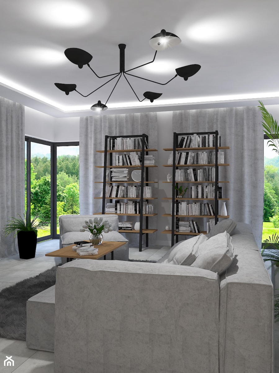 Dom jednorodzinny w Rąbieniu - Duży biały salon z bibiloteczką, styl nowoczesny - zdjęcie od Design Factory Studio Projektowe