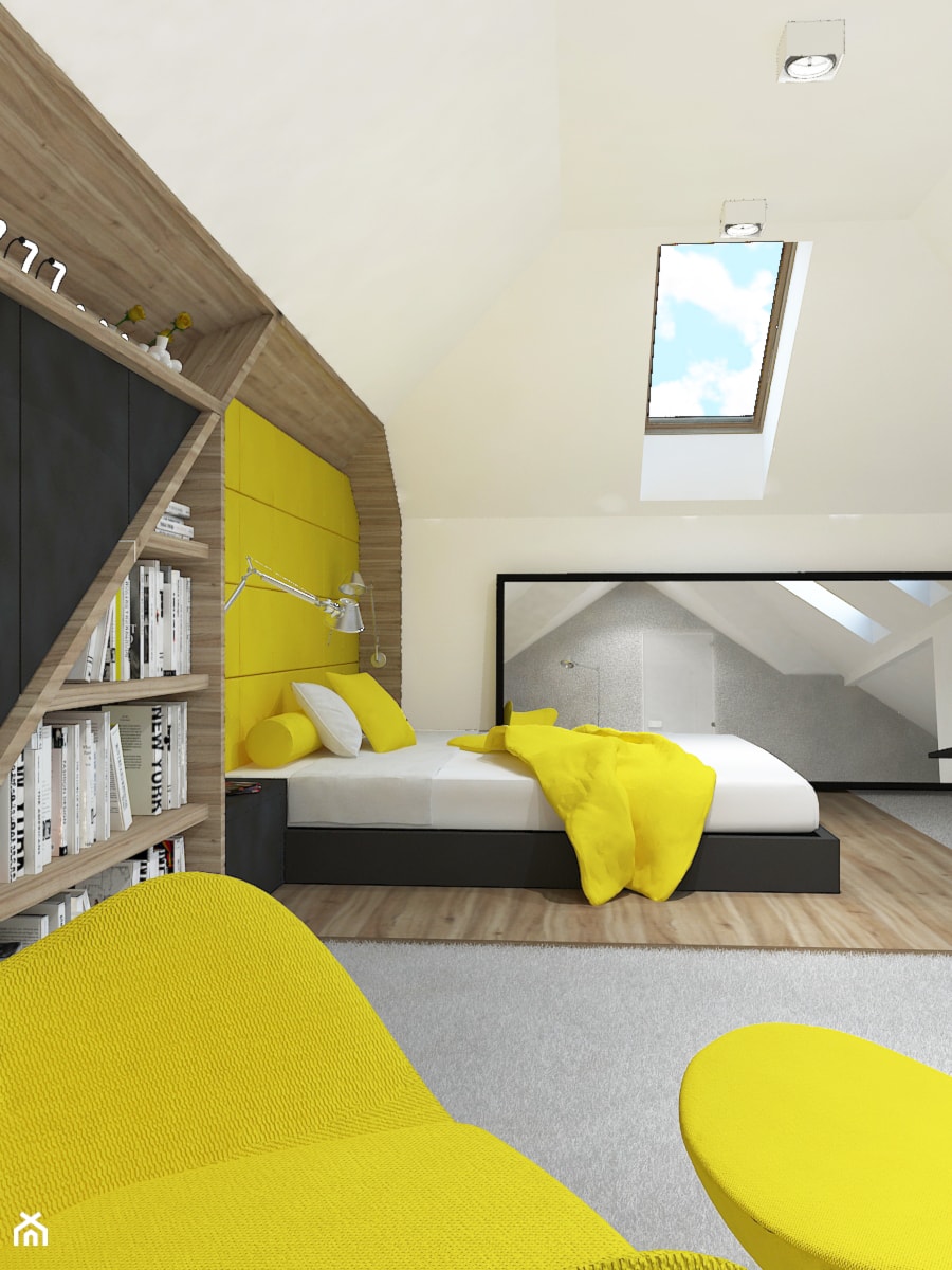 Dom z bali nad Zalewem Sulejowskim - Mała sypialnia na poddaszu, styl nowoczesny - zdjęcie od Design Factory Studio Projektowe