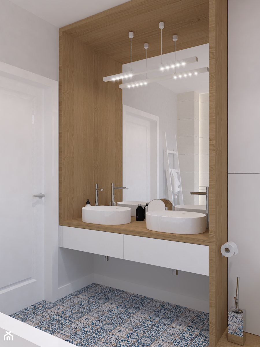 Dom jednorodzinny na Rataja - Mała na poddaszu bez okna z lustrem z dwoma umywalkami łazienka, styl skandynawski - zdjęcie od Design Factory Studio Projektowe