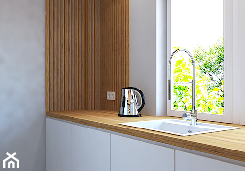Trzy pokoje na Teofilowie - Średnia biała szara z podblatowym zlewozmywakiem kuchnia jednorzędowa z oknem, styl skandynawski - zdjęcie od Design Factory Studio Projektowe
