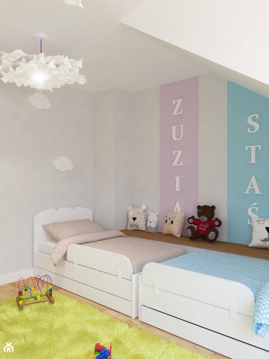 Dom jednorodzinny na Rataja - Mały szary pokój dziecka dla dziecka dla chłopca dla dziewczynki dla rodzeństwa, styl skandynawski - zdjęcie od Design Factory Studio Projektowe
