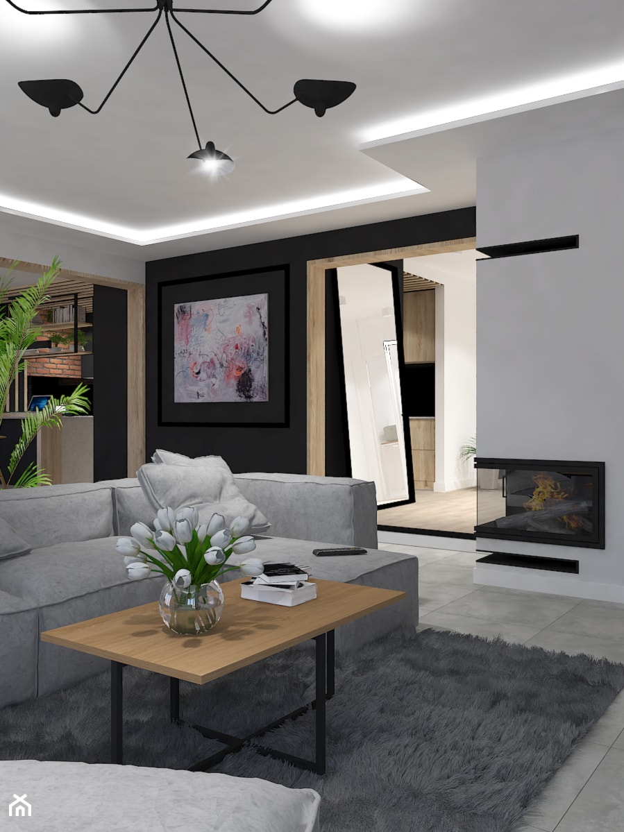 Dom jednorodzinny w Rąbieniu - Mały biały czarny salon, styl nowoczesny - zdjęcie od Design Factory Studio Projektowe