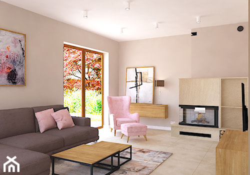 Dom jednorodzinny w Konstantynowie - Duży beżowy salon, styl skandynawski - zdjęcie od Design Factory Studio Projektowe