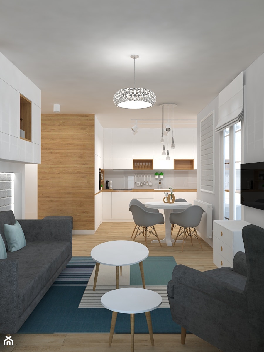 Mieszkanie w ciepłym skandynawskim stylu - Mały biały salon z kuchnią z jadalnią, styl skandynawski - zdjęcie od Design Factory Studio Projektowe