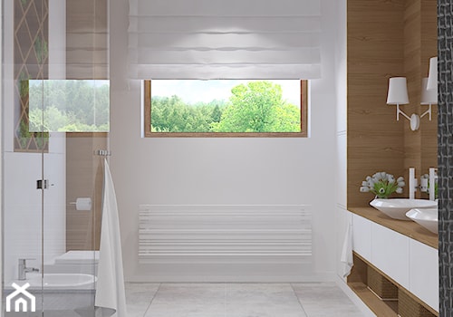 Dom w Smardzewicach - Średnia na poddaszu z dwoma umywalkami łazienka z oknem, styl skandynawski - zdjęcie od Design Factory Studio Projektowe