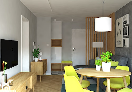 Trzy pokoje na Teofilowie - Mały biały szary salon z jadalnią, styl skandynawski - zdjęcie od Design Factory Studio Projektowe