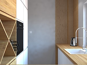 Trzy pokoje na Teofilowie - Mała otwarta szara z zabudowaną lodówką z lodówką wolnostojącą z nablatowym zlewozmywakiem kuchnia w kształcie litery u z oknem, styl skandynawski - zdjęcie od Design Factory Studio Projektowe