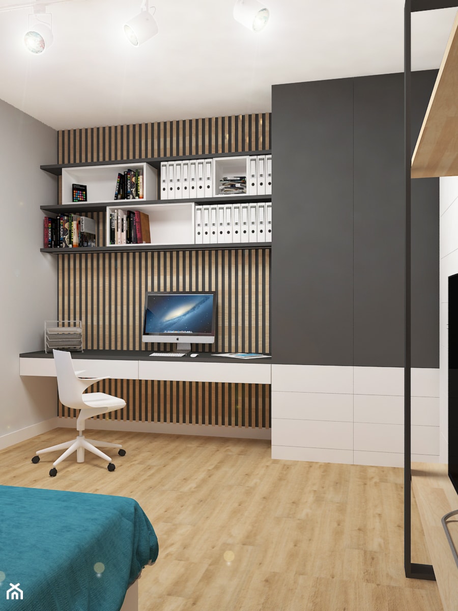 Apartament na Wilanowie - Średnie z sofą z zabudowanym biurkiem szare biuro, styl nowoczesny - zdjęcie od Design Factory Studio Projektowe