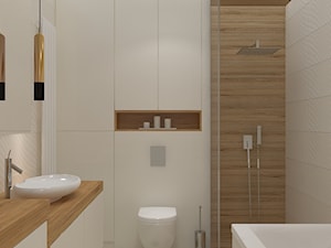 Mieszkanie w ciepłym skandynawskim stylu - Mała bez okna z lustrem z punktowym oświetleniem łazienka, styl skandynawski - zdjęcie od Design Factory Studio Projektowe