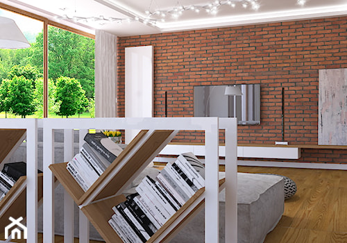 Dom w Smardzewicach - Duży biały brązowy salon z bibiloteczką, styl skandynawski - zdjęcie od Design Factory Studio Projektowe
