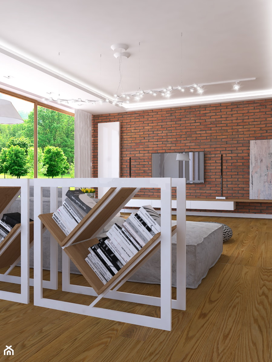 Dom w Smardzewicach - Duży biały brązowy salon z bibiloteczką, styl skandynawski - zdjęcie od Design Factory Studio Projektowe