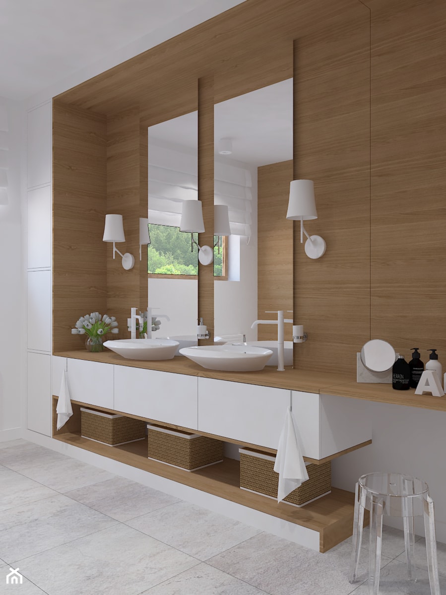 Dom w Smardzewicach - Z dwoma umywalkami z punktowym oświetleniem łazienka z oknem, styl skandynawski - zdjęcie od Design Factory Studio Projektowe