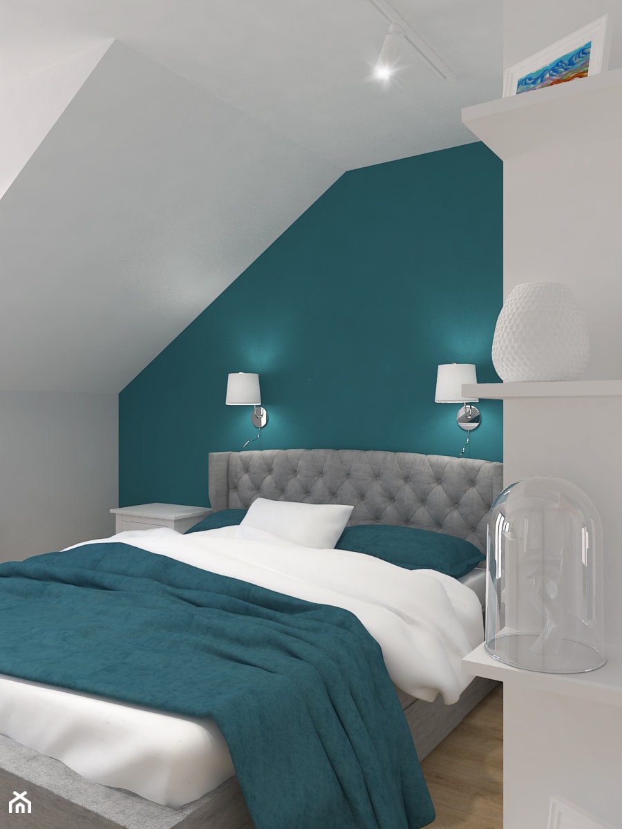 Dom jednorodzinny na Rataja - Mała biała niebieska sypialnia na poddaszu, styl skandynawski - zdjęcie od Design Factory Studio Projektowe