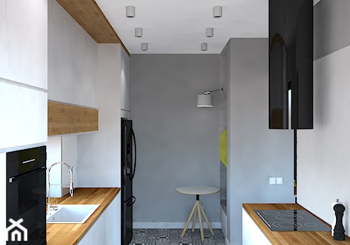 Dom w Ksawerowie - Średnia zamknięta biała szara z zabudowaną lodówką z nablatowym zlewozmywakiem kuchnia dwurzędowa, styl skandynawski - zdjęcie od Design Factory Studio Projektowe