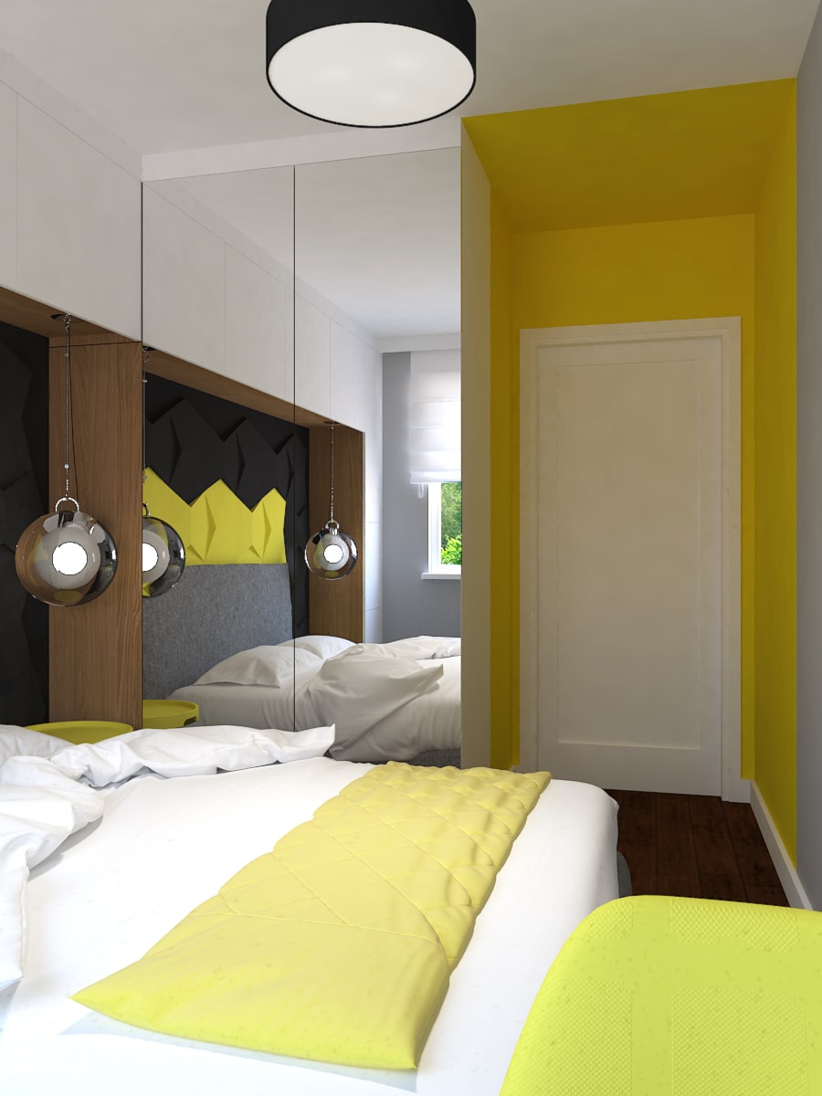Osiedle Jarzębinowe w Łodzi - Mała czarna żółta sypialnia, styl skandynawski - zdjęcie od Design Factory Studio Projektowe
