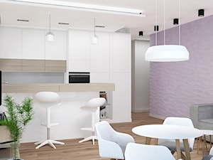 Apartament na Rudzkiej - Fioletowy salon z kuchnią z jadalnią, styl skandynawski - zdjęcie od Design Factory Studio Projektowe