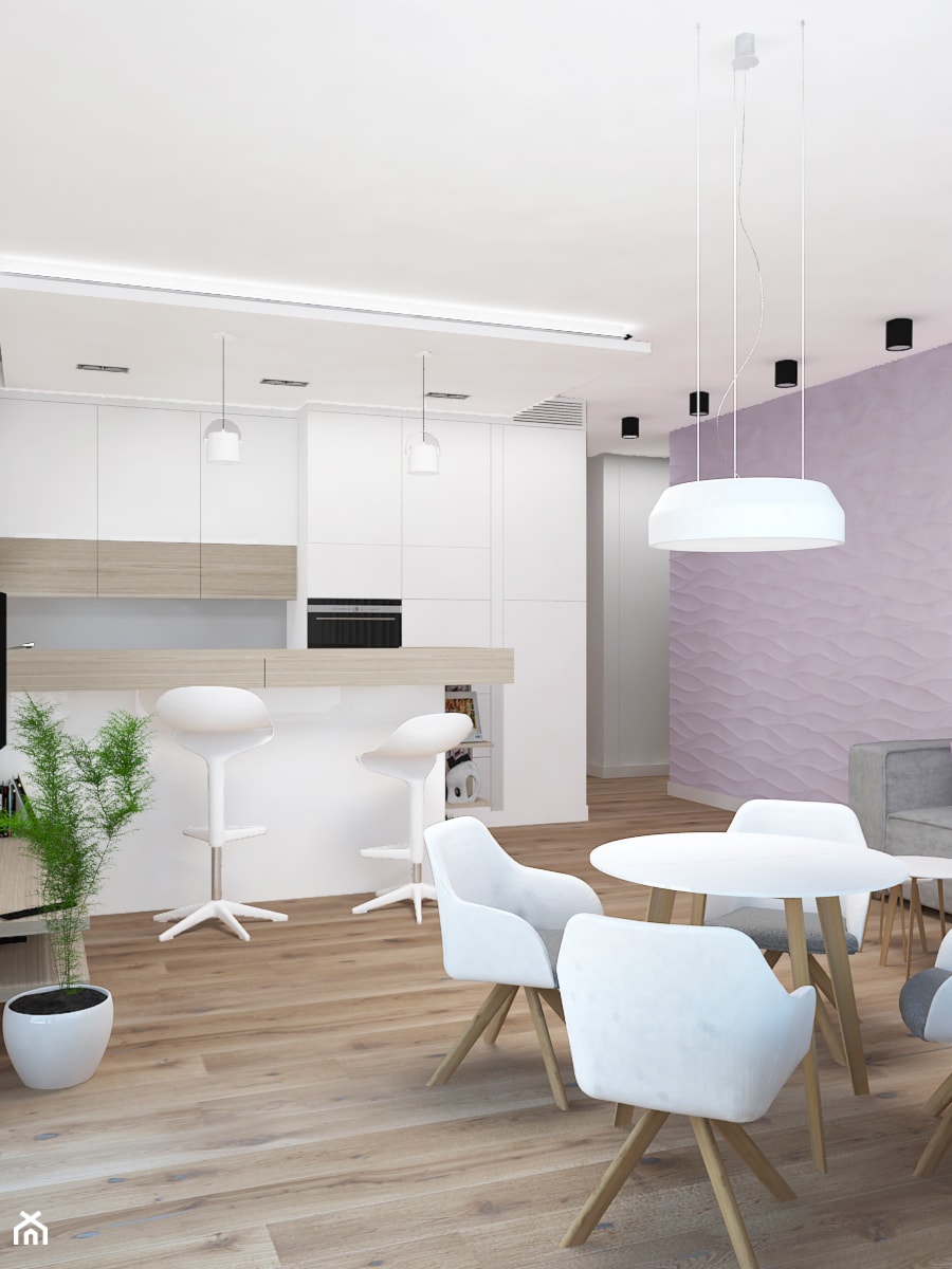 Apartament na Rudzkiej - Fioletowy salon z kuchnią z jadalnią, styl skandynawski - zdjęcie od Design Factory Studio Projektowe