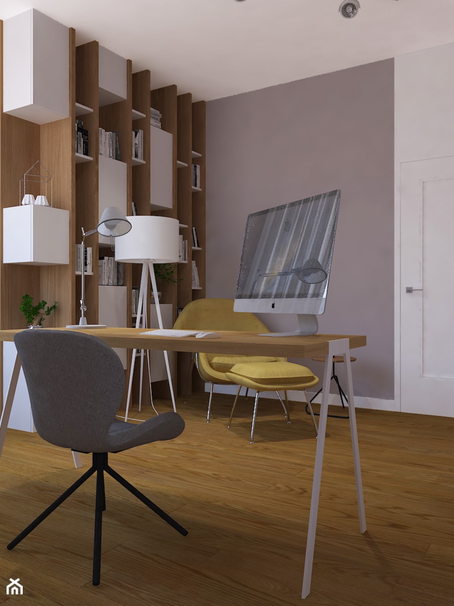 Dom w Smardzewicach - Średnie w osobnym pomieszczeniu z sofą białe szare biuro, styl skandynawski - zdjęcie od Design Factory Studio Projektowe