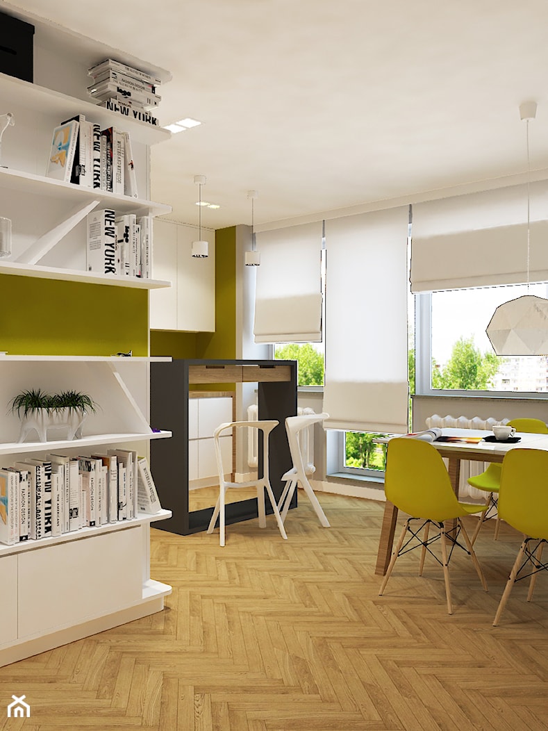 Nowe mieszkanie w starym bloku - Mała otwarta z salonem szara żółta z zabudowaną lodówką kuchnia jednorzędowa z wyspą lub półwyspem z oknem, styl skandynawski - zdjęcie od Design Factory Studio Projektowe - Homebook