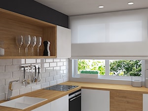 Metamorfoza mieszkania w bloku - Średnia zamknięta biała z zabudowaną lodówką z nablatowym zlewozmywakiem kuchnia w kształcie litery l z oknem, styl skandynawski - zdjęcie od Design Factory Studio Projektowe
