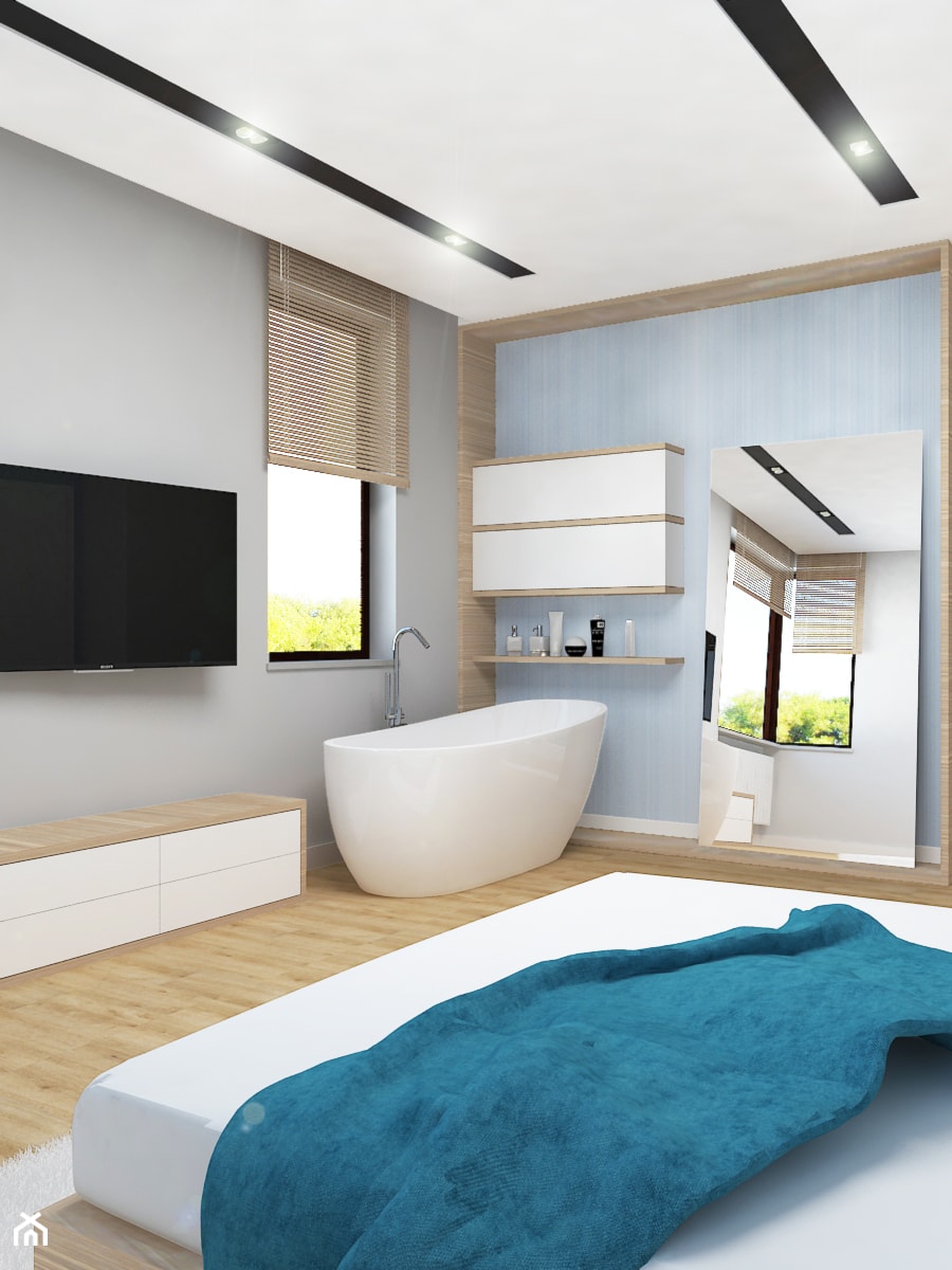 Apartament na Wilanowie - Duża szara sypialnia z łazienką, styl nowoczesny - zdjęcie od Design Factory Studio Projektowe