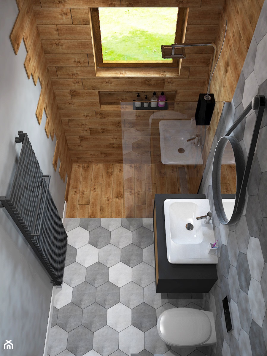 Dom w Ksawerowie - Mała z lustrem łazienka z oknem, styl skandynawski - zdjęcie od Design Factory Studio Projektowe
