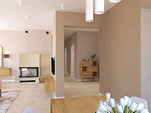 Dom jednorodzinny w Konstantynowie - Duży beżowy salon z jadalnią, styl skandynawski - zdjęcie od Design Factory Studio Projektowe
