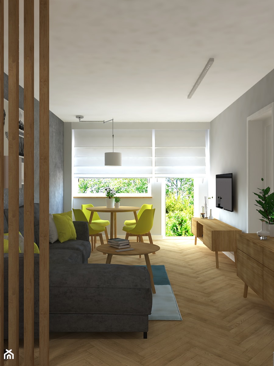 Trzy pokoje na Teofilowie - Średni szary salon z jadalnią z tarasem / balkonem, styl skandynawski - zdjęcie od Design Factory Studio Projektowe