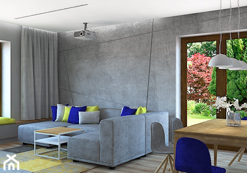 Dom w Ksawerowie - Średni biały szary salon z jadalnią z tarasem / balkonem, styl skandynawski - zdjęcie od Design Factory Studio Projektowe