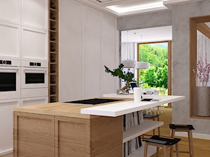 Dom w Smardzewicach - Średnia otwarta biała szara z zabudowaną lodówką kuchnia jednorzędowa z wyspą lub półwyspem z oknem, styl skandynawski - zdjęcie od Design Factory Studio Projektowe