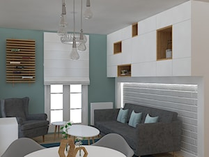 Mieszkanie w ciepłym skandynawskim stylu - Średni szary zielony salon z jadalnią, styl skandynawski - zdjęcie od Design Factory Studio Projektowe