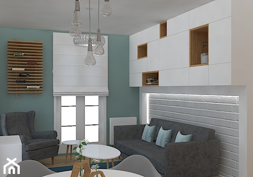 Mieszkanie w ciepłym skandynawskim stylu - Średni szary zielony salon z jadalnią, styl skandynawski - zdjęcie od Design Factory Studio Projektowe