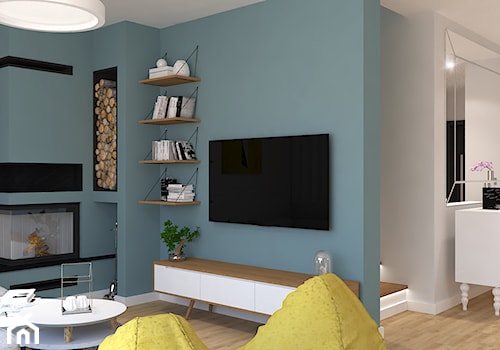 Dom jednorodzinny na Rataja - Mały biały niebieski salon, styl skandynawski - zdjęcie od Design Factory Studio Projektowe