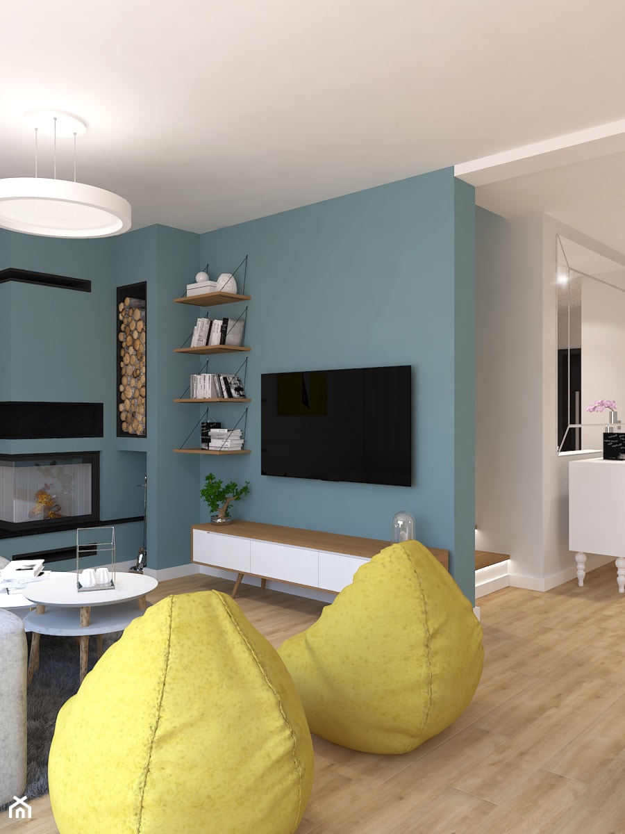 Dom jednorodzinny na Rataja - Mały biały niebieski salon, styl skandynawski - zdjęcie od Design Factory Studio Projektowe