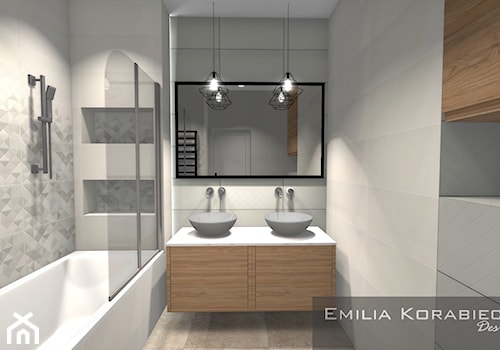 ŁAZIENKI - Mała bez okna z lustrem z dwoma umywalkami z punktowym oświetleniem łazienka, styl nowoczesny - zdjęcie od EMILIA KORABIEC DESIGN