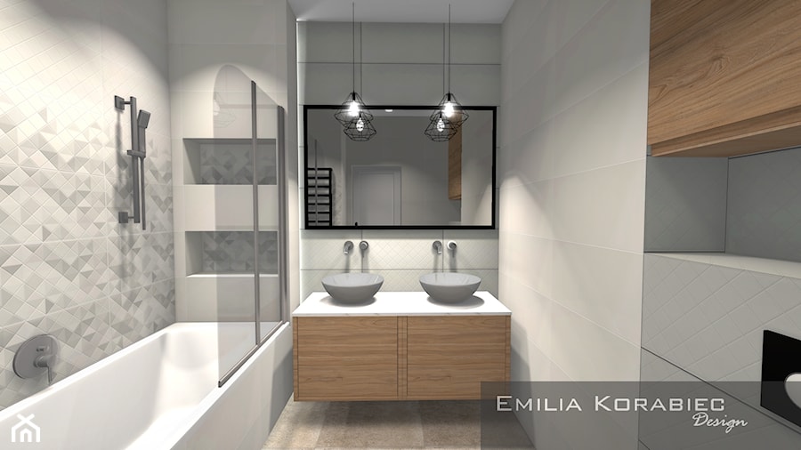 ŁAZIENKI - Mała bez okna z lustrem z dwoma umywalkami z punktowym oświetleniem łazienka, styl nowoczesny - zdjęcie od EMILIA KORABIEC DESIGN