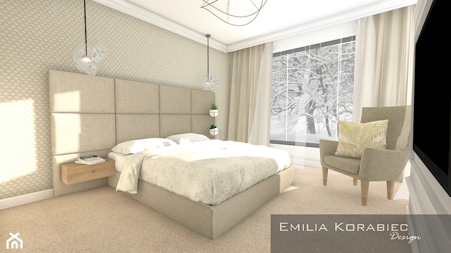 SYPIALNIE - Duża beżowa sypialnia, styl nowoczesny - zdjęcie od EMILIA KORABIEC DESIGN