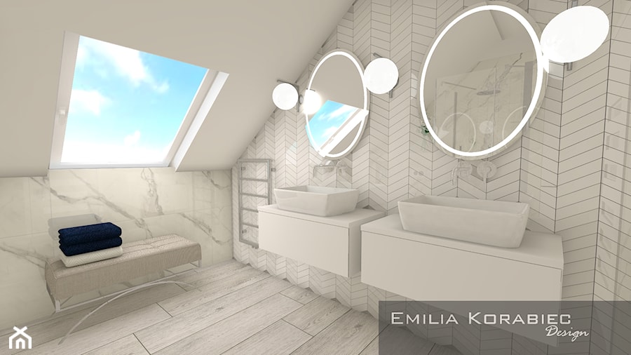 ŁAZIENKI - Średnia na poddaszu z lustrem z dwoma umywalkami łazienka z oknem, styl glamour - zdjęcie od EMILIA KORABIEC DESIGN