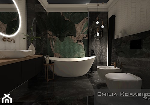 ŁAZIENKI - Średnia bez okna z lustrem z dwoma umywalkami z marmurową podłogą łazienka, styl nowoczesny - zdjęcie od EMILIA KORABIEC DESIGN
