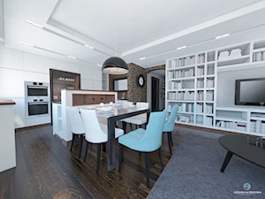 Salon z aneksem kuchennym - Duży salon z kuchnią z jadalnią z bibiloteczką, styl nowoczesny - zdjęcie od Ossowska Architektura Wnętrz