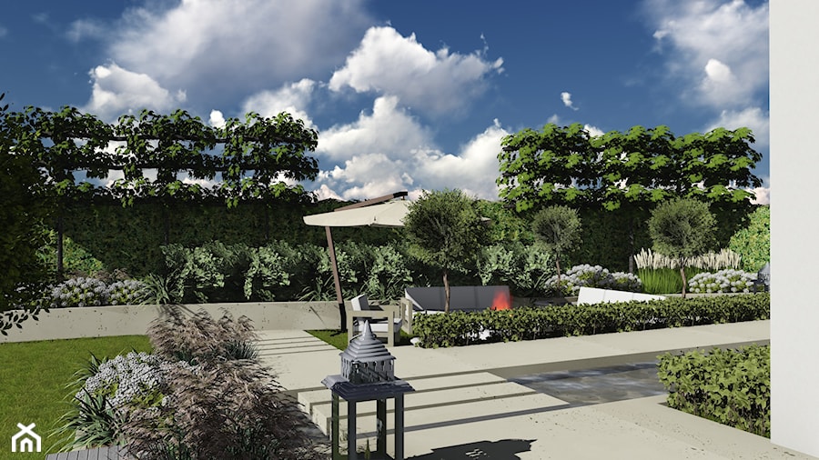 kompleksowy projekt: ogród, elewacja, ogrodzenie - Duży ogród z oczkiem wodnym za domem, styl nowoczesny - zdjęcie od KOKON zespół architektoniczny