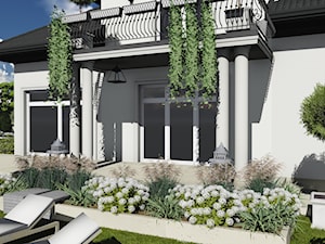 kompleksowy projekt: ogród, elewacja, ogrodzenie - Średni ogród za domem zadaszony przedłużeniem dachu, styl nowoczesny - zdjęcie od KOKON zespół architektoniczny
