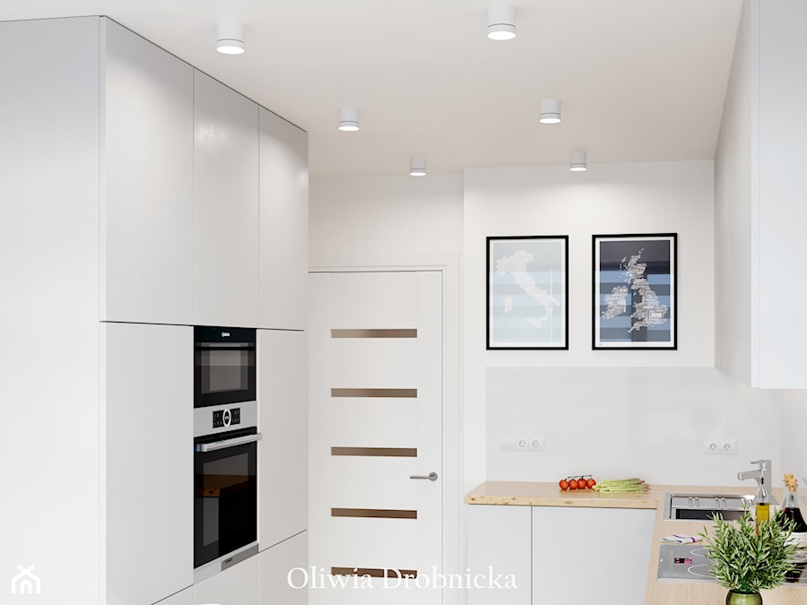 Projekt mieszkania na Śląsku - Mała zamknięta biała szara z zabudowaną lodówką z nablatowym zlewozmywakiem kuchnia w kształcie litery u, styl nowoczesny - zdjęcie od Projektowanie Wnętrz Oliwia Drobnicka