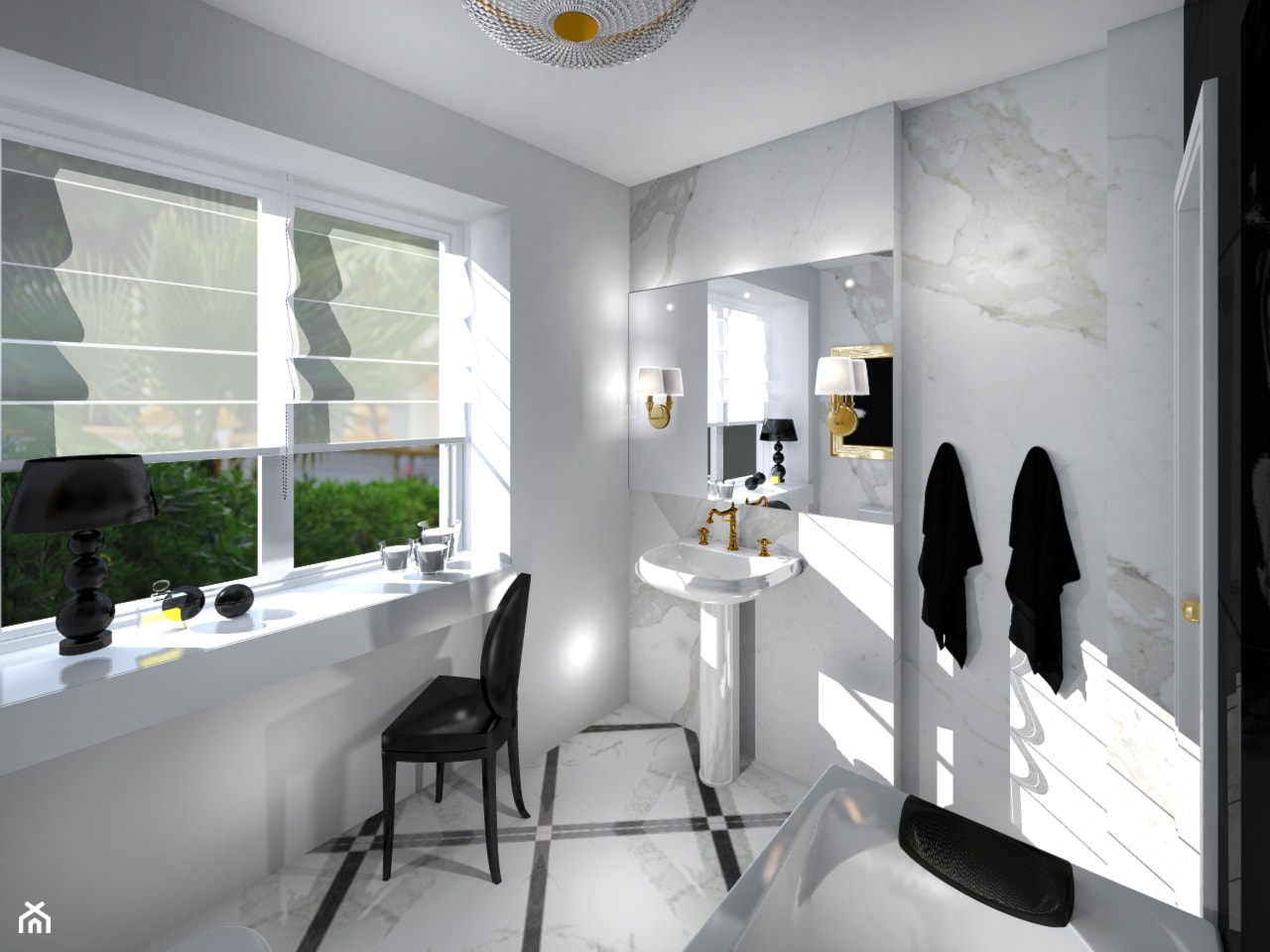 Stylowa łazienka - Średnia z lustrem z marmurową podłogą z punktowym oświetleniem łazienka z oknem, styl tradycyjny - zdjęcie od 10 Fingers Design - Homebook