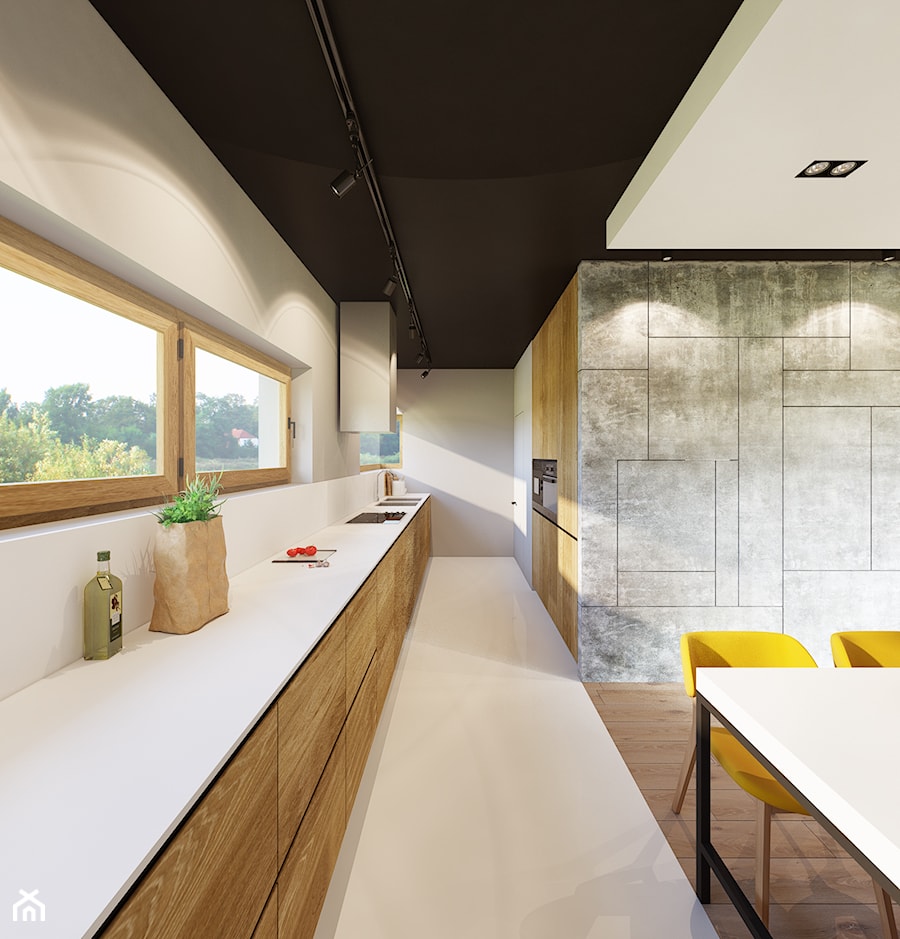 Duża otwarta z salonem biała z zabudowaną lodówką z podblatowym zlewozmywakiem kuchnia dwurzędowa z kompozytem na ścianie nad blatem kuchennym, styl nowoczesny - zdjęcie od GISMOARCHITECTS
