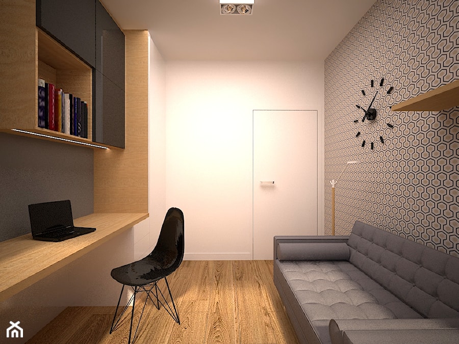 Strefa prywatna w mieszkaniu w Łodzi - Małe w osobnym pomieszczeniu z sofą z zabudowanym biurkiem białe szare biuro, styl nowoczesny - zdjęcie od Martyna Karczewska