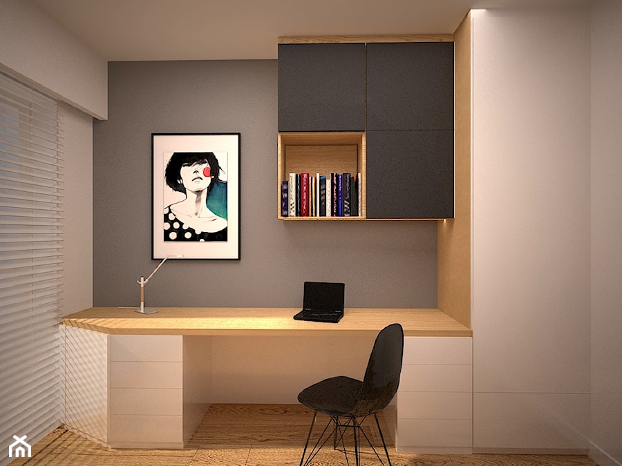 Strefa prywatna w mieszkaniu w Łodzi - Średnie z zabudowanym biurkiem białe szare biuro, styl nowoczesny - zdjęcie od Martyna Karczewska