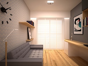 Strefa prywatna w mieszkaniu w Łodzi - Średnie w osobnym pomieszczeniu z sofą z zabudowanym biurkiem białe szare biuro, styl nowoczesny - zdjęcie od Martyna Karczewska