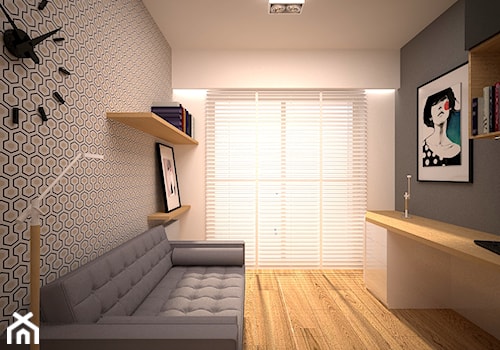 Strefa prywatna w mieszkaniu w Łodzi - Średnie w osobnym pomieszczeniu z sofą z zabudowanym biurkiem białe szare biuro, styl nowoczesny - zdjęcie od Martyna Karczewska