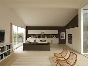 Veneta Cucine Tulipano - Biały brązowy salon z kuchnią z jadalnią z tarasem / balkonem z bibiloteczką, styl nowoczesny - zdjęcie od Studio Estima Sopot
